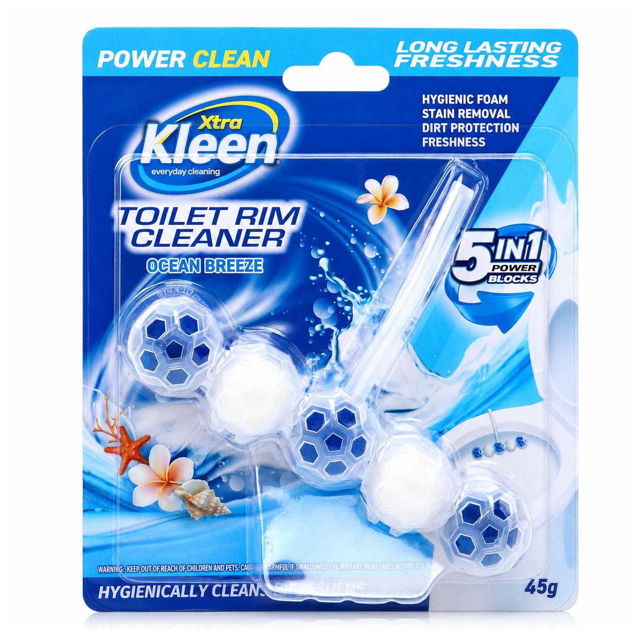 Xtra Kleen Toilet Rim Cleaner Ocean Breeze 45g — Rim-hanging toilet block that cleans and deodorises with an ocean breeze fragrance.