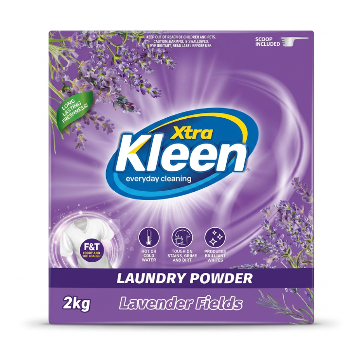 Xtra Kleen Laundry Powder Lavender Fields 2kg — 2kg family box of Lavender Fields laundry powder with scoop included.