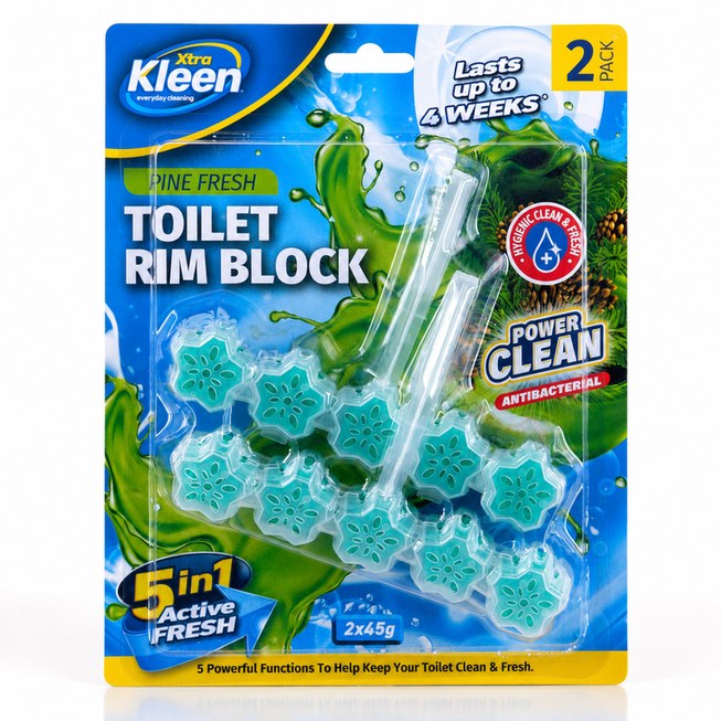 Xtra Kleen Toilet Rim Block Pine Fresh 2 Pack — 5-in-1 antibacterial toilet rim block that cleans and freshens with every flush — 2 pack.