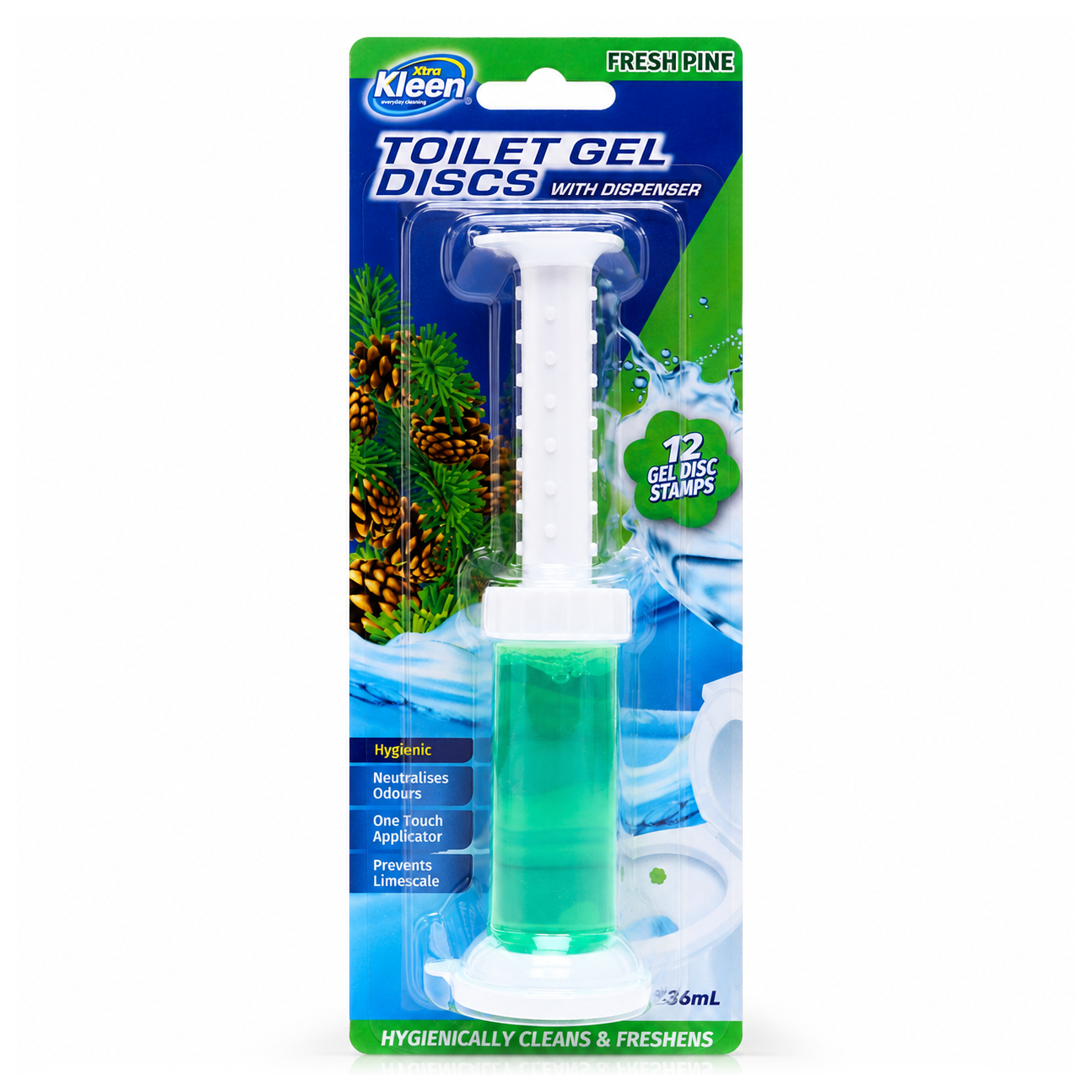 Xtra Kleen Toilet 12 Gel Disc Stamps Fresh Pine — Hygienic gel disc stamps that attach under the rim for a fresh clean with every flush.