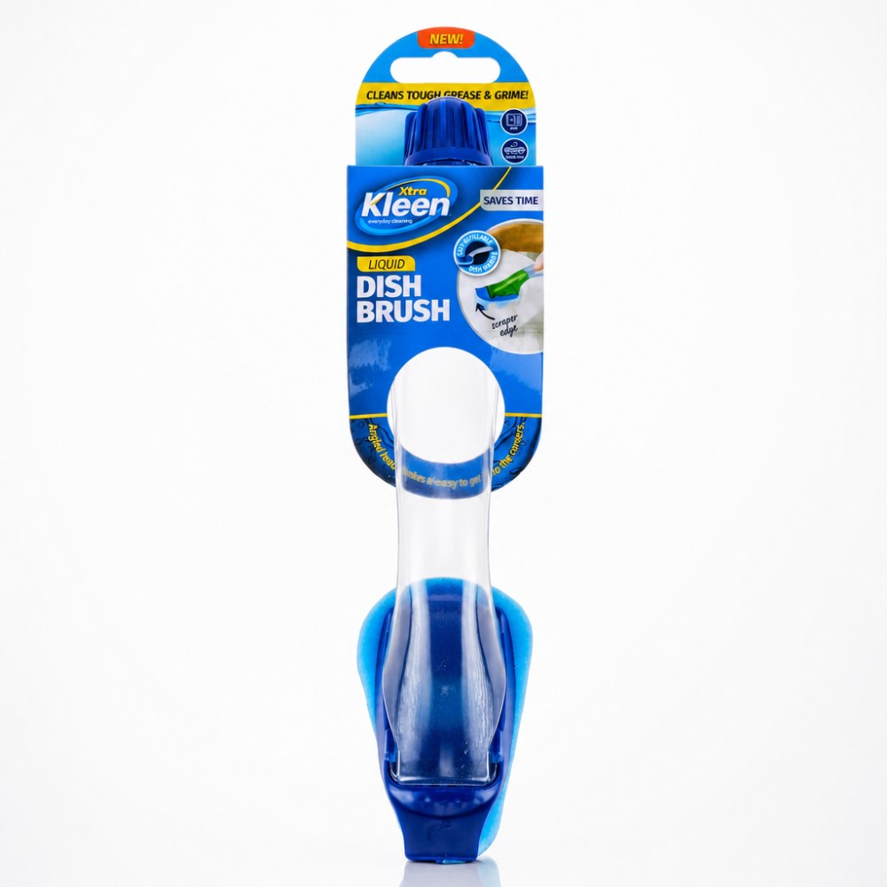 Xtra Kleen Liquid Dish Brush with Dispenser — Refillable soap-dispensing dish brush with an angled head and built-in scraper edge.