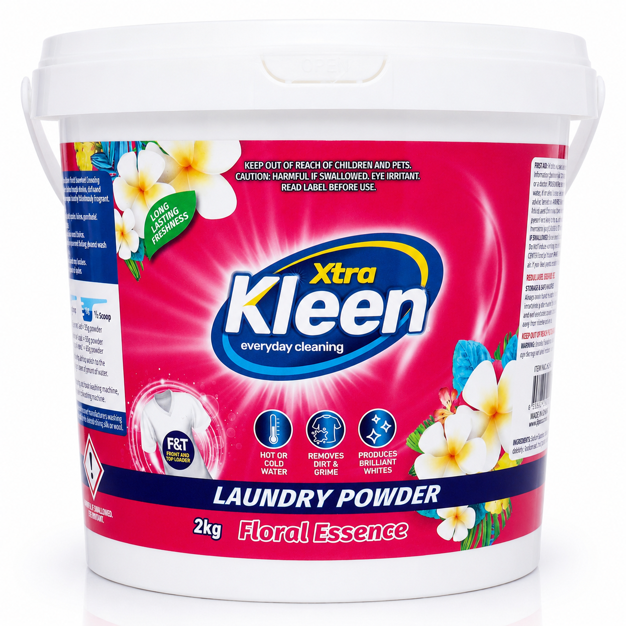 Xtra Kleen Laundry Powder Floral Scent 2kg Tub — 2kg re-sealable tub of floral-scented laundry powder for hot or cold wash.