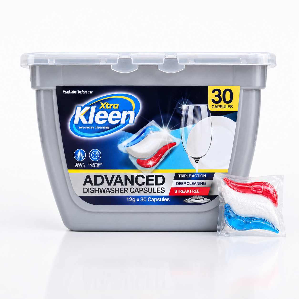 Xtra Kleen 2-in-1 Advanced Dishwasher Capsules
12g x 30 — 2-in-1 Advanced Dishwasher Capsules — pre-dosed capsules that break down food residues, grease and stubborn stains.